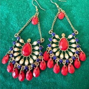Elegant Red and Blue Chandelier Earrings
